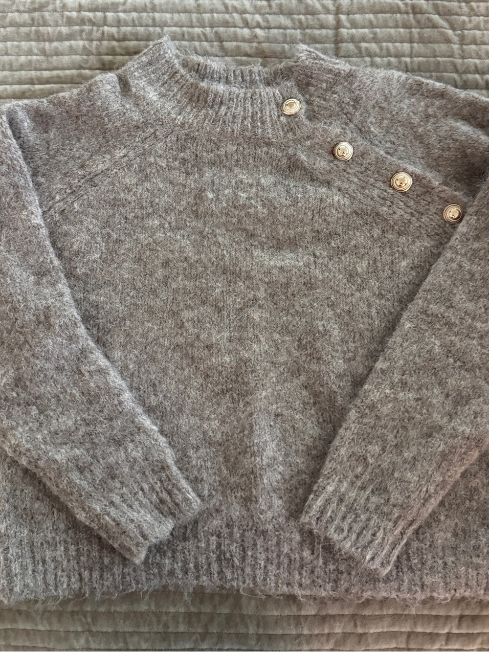 Cozy Button-Shoulder Gray Crewneck Sweater